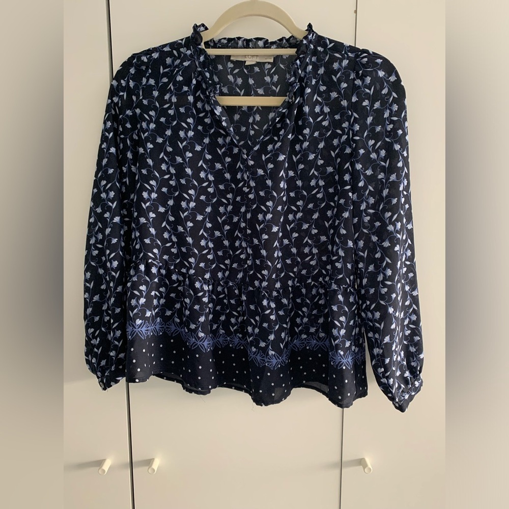 LOFT Navy Floral Long-Sleeve Blouse